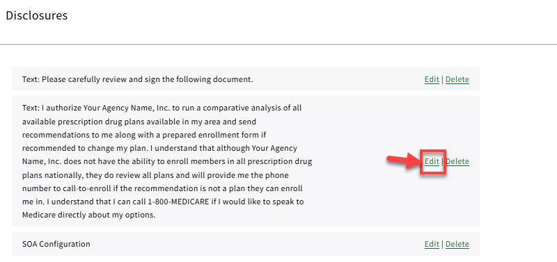 Screenshot showing how to edit the default disclosure messaging in Rx Collect settings