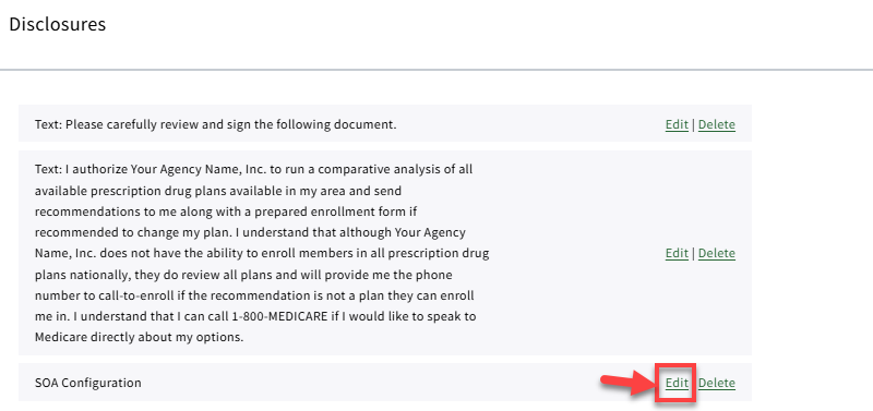 Screenshot showing how to edit SOA configuration in Rx Collect settings