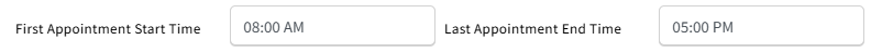 Screenshot showing the First Appointment Start Time and Last Appointment End Time fields in the Appointment Scheduling section in Rx Collect settings