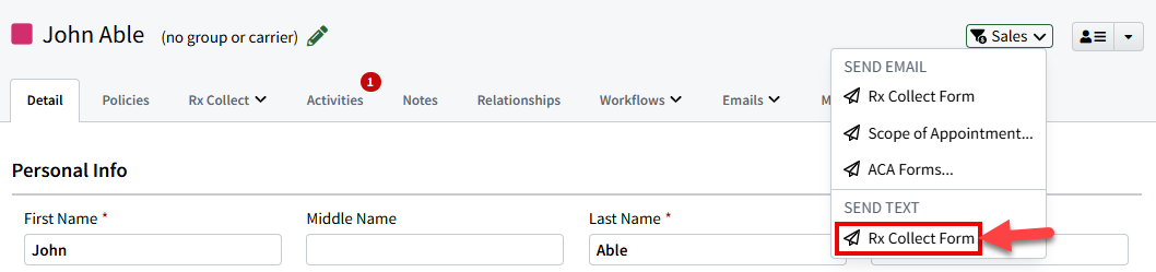 Screenshot showing how to text the Rx Collect Form on a Individual Record