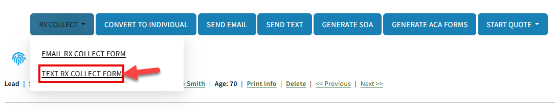 Screenshot showing how to text the Rx Collect form on a Sales Record