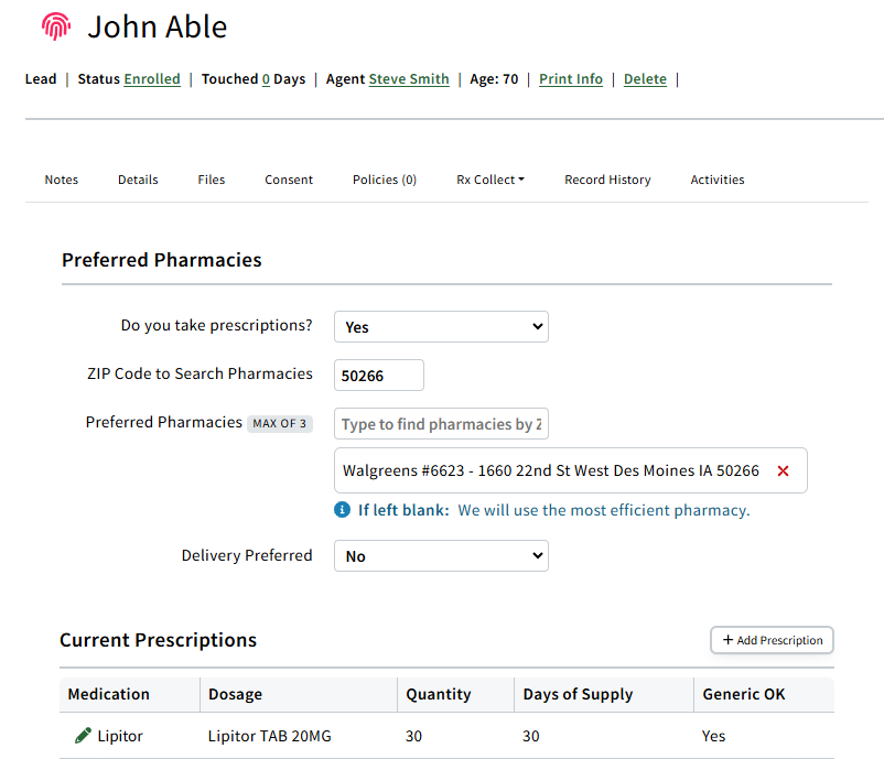 Screenshot showing the Prescriptions tab on a Salees Record