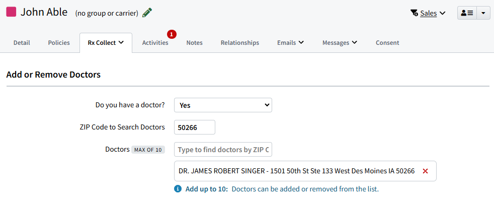 Screenshot showing the Providers tab on an Individual Record