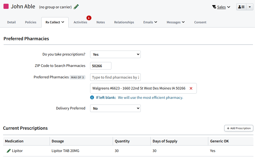 Screenshot showing the Prescriptions tab on an Individual Record