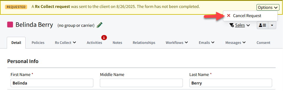 Screenshot showing how to cancel an Rx Collect request on a record