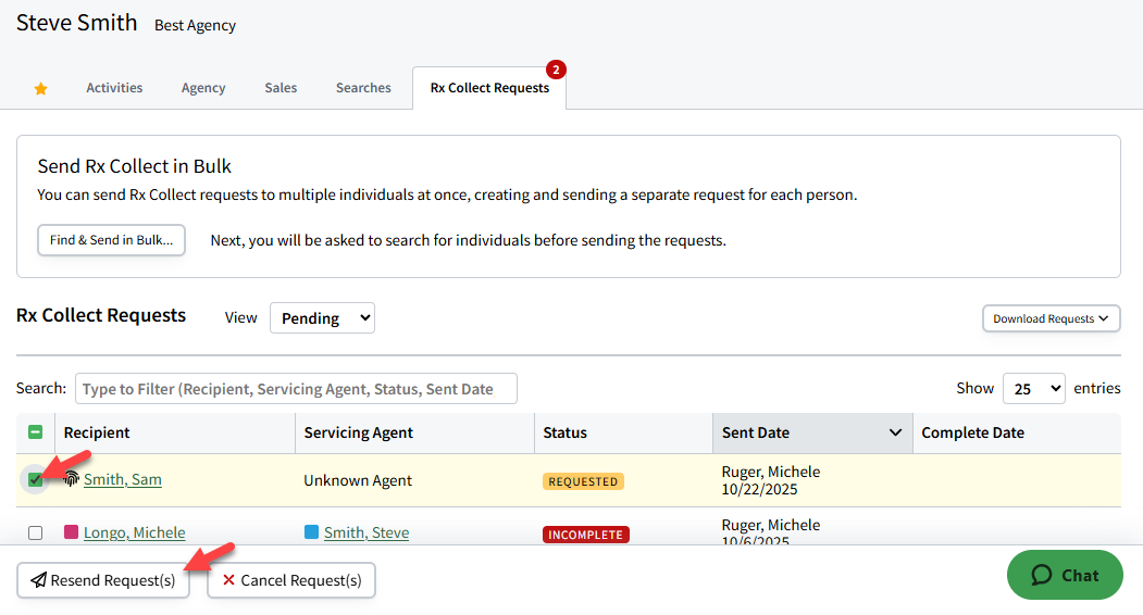Screenshot showing how to resend a single Rx Collect request from the dashboard