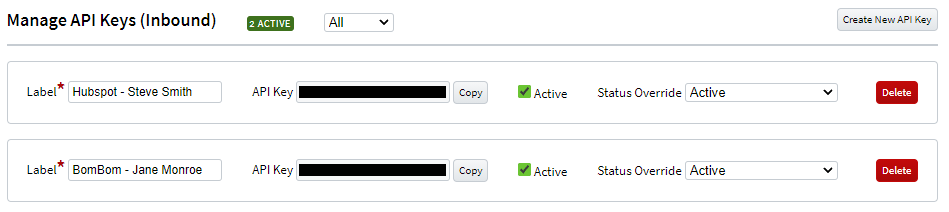 Screenshot showing API keys