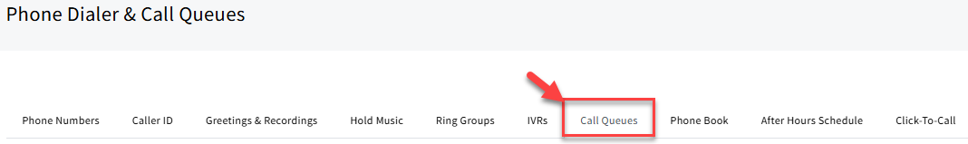 Screenshot showing the Call Queues tab in Phone Dialer & Call Queues settings
