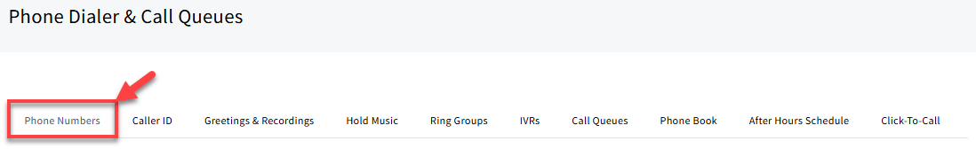 Screenshot highlighting the Phone Numbers tab in the Phone Dialer & Call Queues settings