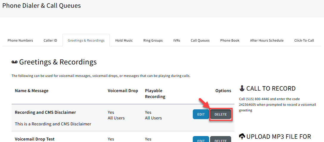 Screenshot showing how to delete a voice recording in Phone Dialer & Call Queues settings