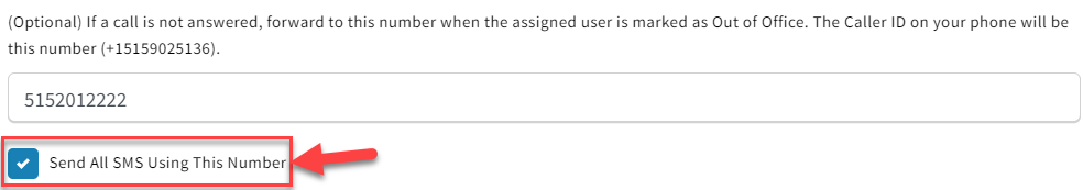 Screenshot showing the Send All SMS Using This Number checkbox when editing a VoIP phone number