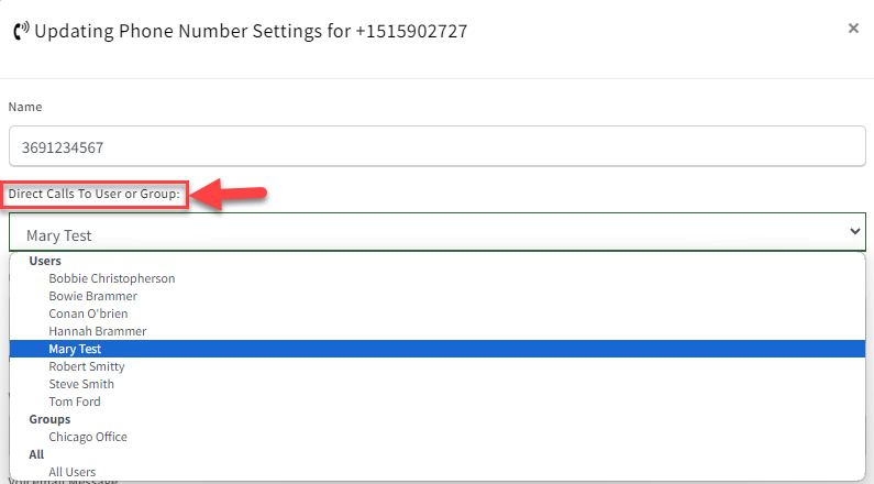 Screenshot showing how to assign a user or ring group to receive inbound calls for a VoIP phone number in Phone Dialer & Call Queues settings