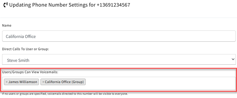 Screenshot showing how to assign specific users or ring groups to view voicemails for a VoIP phone number in Phone Dialer & Call Queues settings