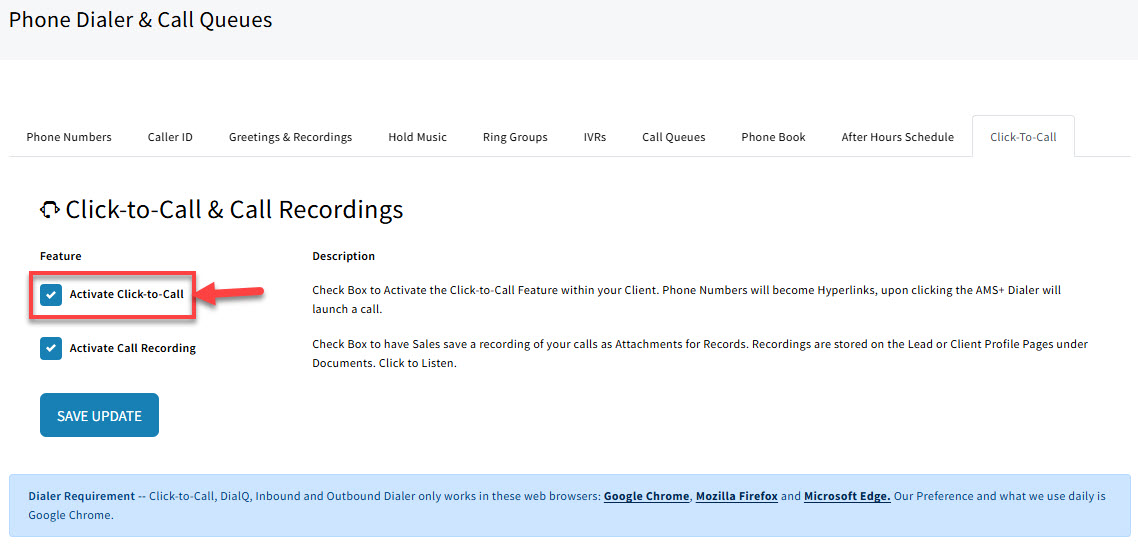 Screenshot highlighting the Activate Click-to-Call checkbox on the Click To Call tab of Phone Dialer & Call Queues settings