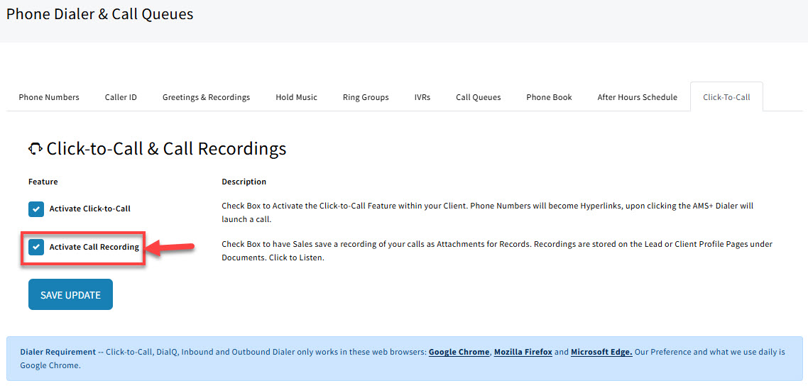 Screenshot highlighting the Activate Call Recording checkbox on the Click To Call tab of Phone Dialer & Call Queues settings