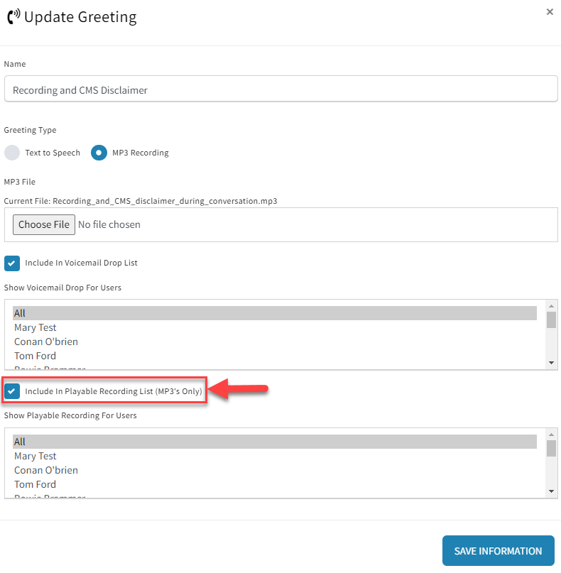 Screenshot highlighting the Include in Playable Recording List checkbox in the Upadte Greeting pop-up window