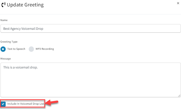 Screenshot highlighting the Include in Voicemail Drop List checkbox in the Update Greeting pop-up window in Phone Dialer & Call Queues settings