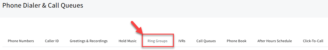 Screenshot highlighting the Ring Groups tab in Phone Dialer & Call Queues settings