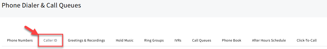 Screenshot highlighting the Caller ID tab in Phone Dialer & Call Queues settings