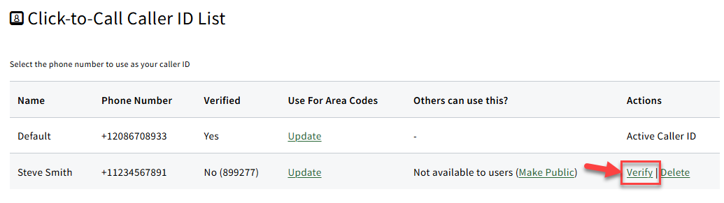 Screenshot highlighting the Verify link for a phone number on the Caller ID tab of Phone Dialer & Call Queues settings