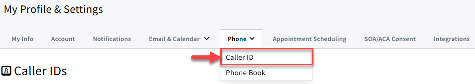 Screenshot highlighting the Caller ID tab in My Account settings