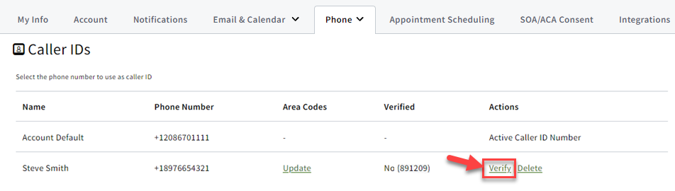 Screenshot highlihting the Verify link next to a phone number on the Caller ID tab of My Account Settings