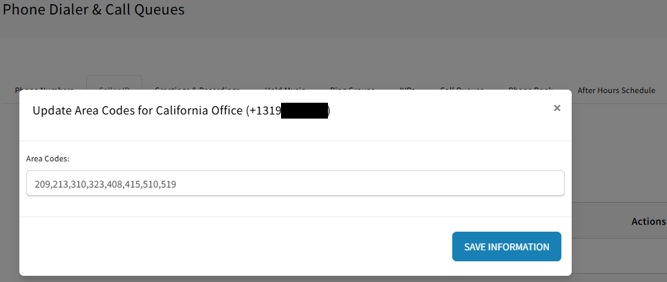 Screenshot showing where to add area codes to a VoIP phone number