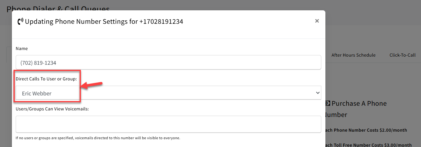 Screenshot showing how to assign a single user to a VoIP phone number in Phone Dialer & Call Queues settings