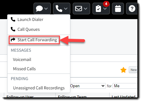 Screenshot showing the Call Forwarding option in the AMS+ header's Phone icon menu