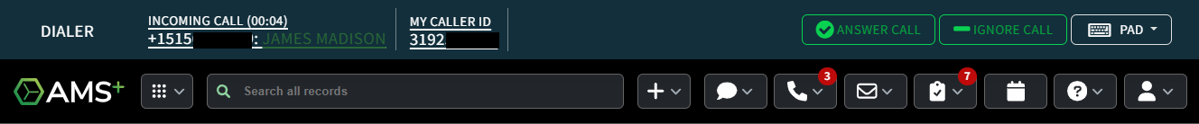 Screenshot showing buttons to accept an inbound call or ignore it in the Phone Dialer interface