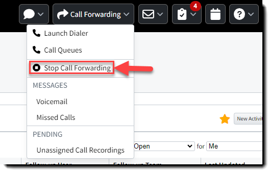 Screenshot showing how to stop call forwarding in the AMS+ header