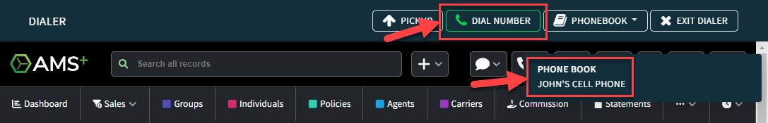Screenshot highlighting the Dial Number button and the Phone Book menu in the Phone Dialer interface