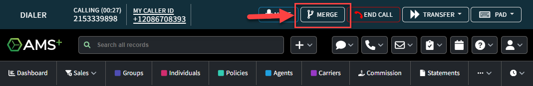 Screenshot highlighting the Merge button in the Phone Dialer interface