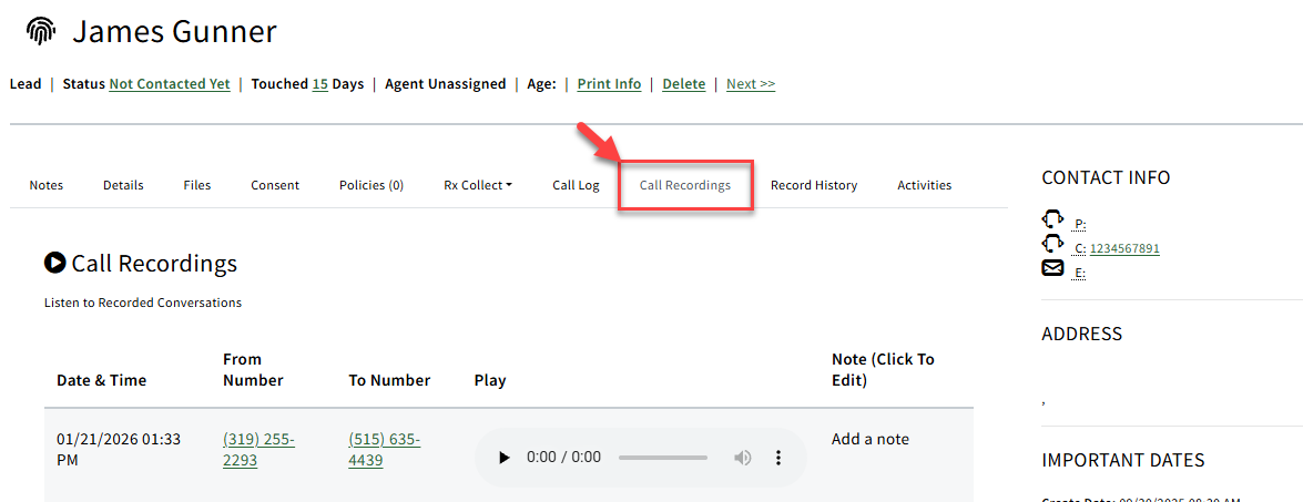 Screenshot showing the Call Recordings tab on a Sales Record
