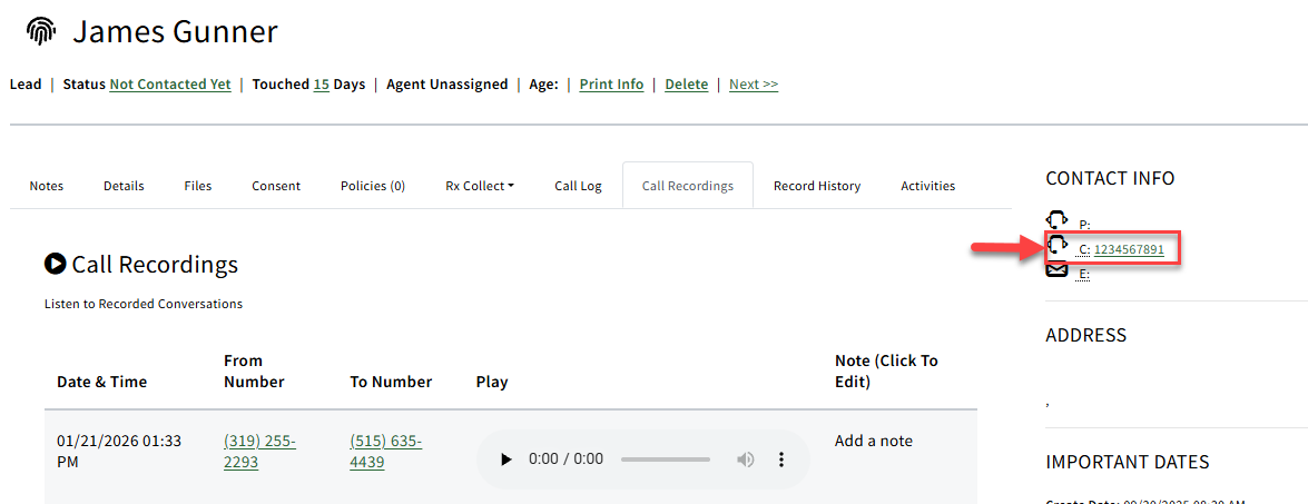 Screenshot showing how to click to call from a Sales Record