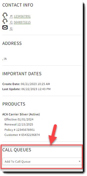 Screenshot highlighting the Call Queues section in the right-hand summary of a Sales Record
