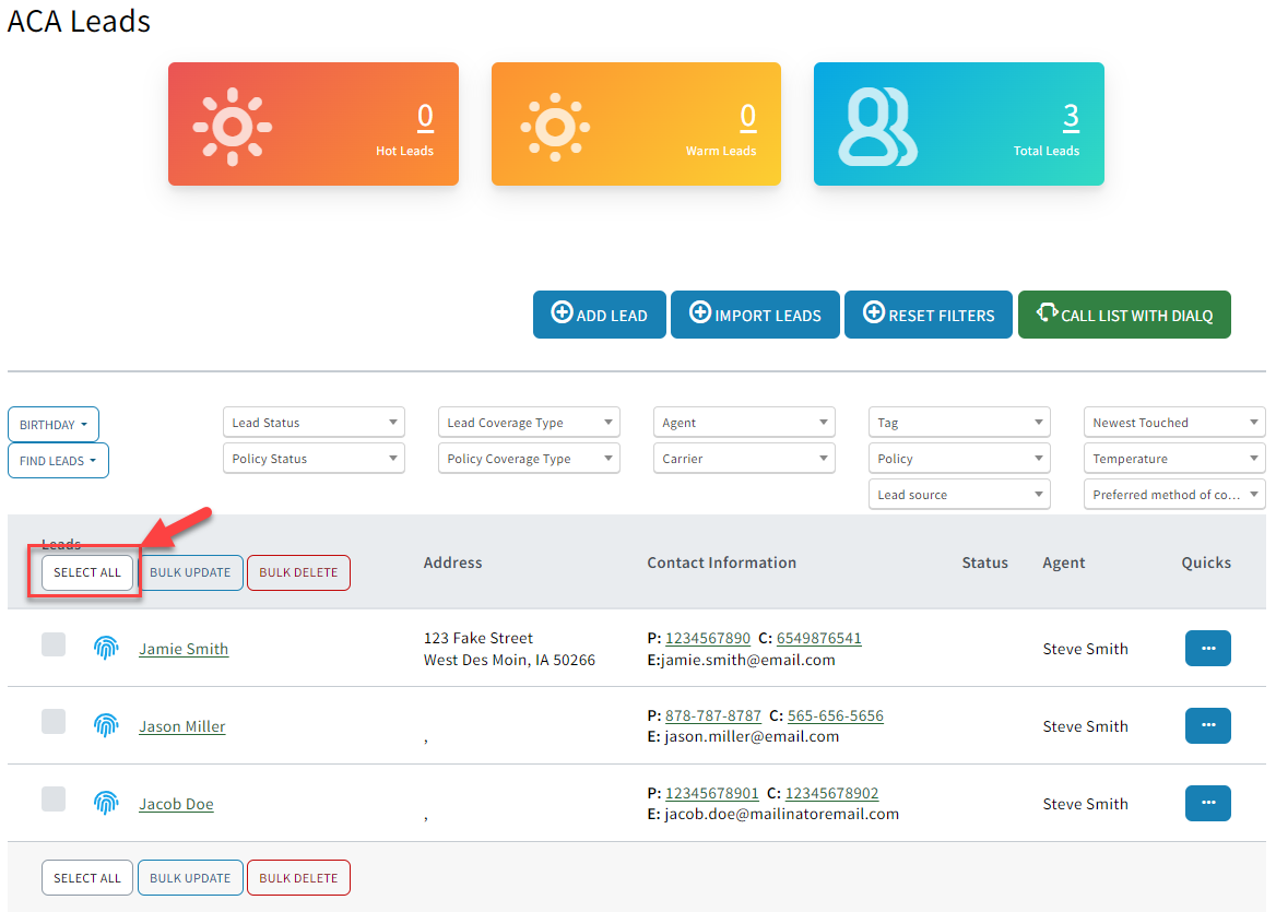Screenshot highlighting the Select All button in the Leads List