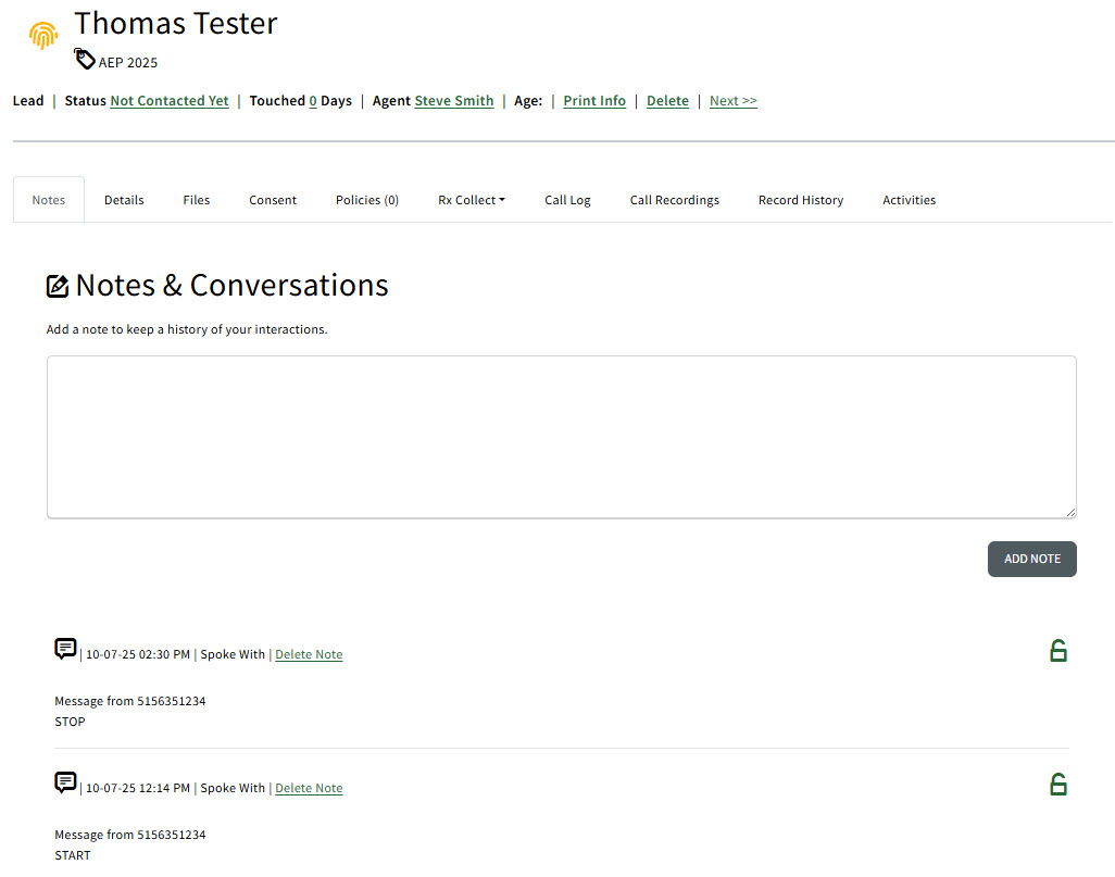 Screenshot showing the SMS message history on the Notes tab of a Sales Record