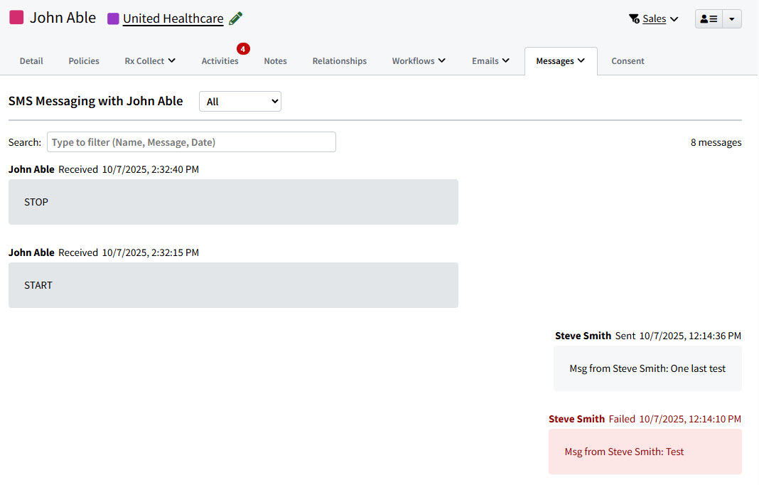 Screenshot showing the SMS Message History tab on an Individual Record
