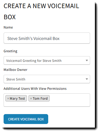 Screenshot showing where to create a new voicemail box on the Voicemail Boxes tab