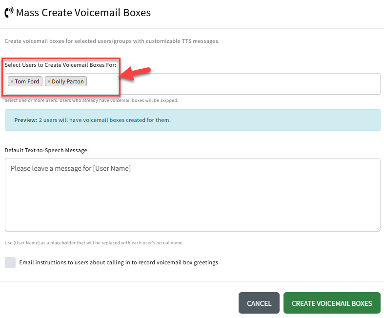 Screenshot showing how to select users for voicemail box creation