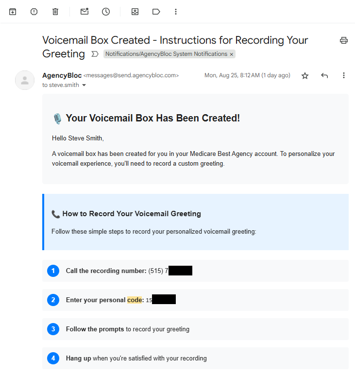 Screenshot showing an example of the email instructions sent to users for creating a voicemail box