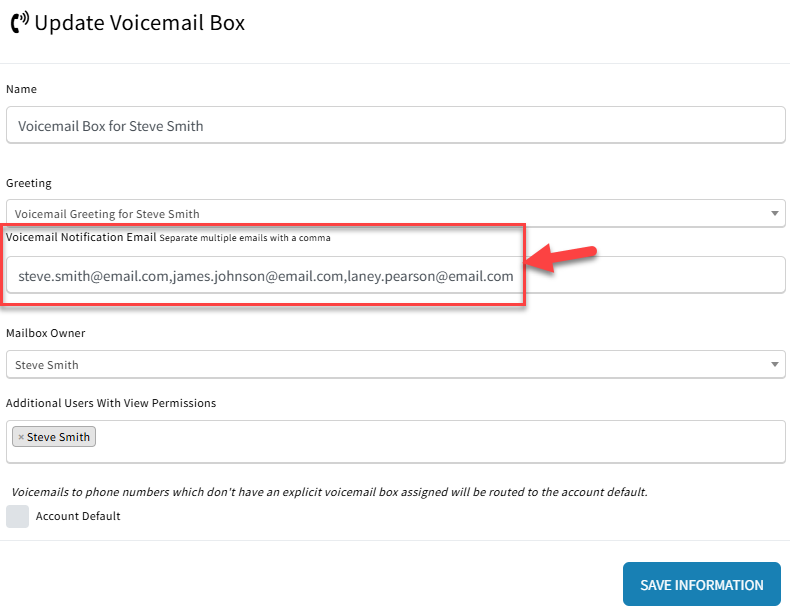 Screenshot showing where to add email addresses in a voicemail box's email notifications field
