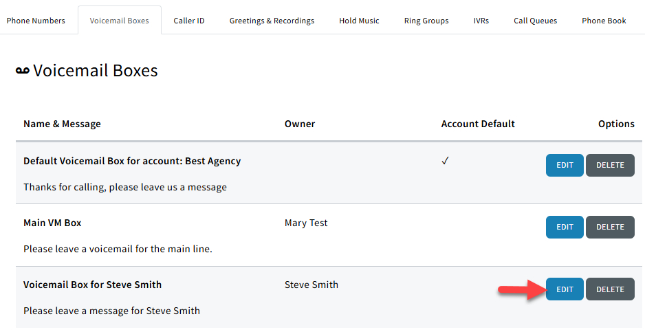 Screenshow showing how to access a voicemail box's settings from the Voicemail Boxes tab