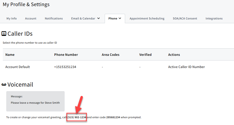 Screenshot highlighting the phone number in My Account settings to call to record a voicemail message