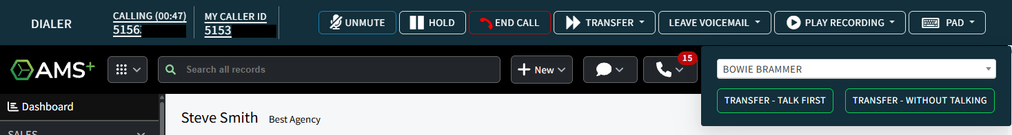 Screenshot showing the call transfer options in the Phone Dialer interface