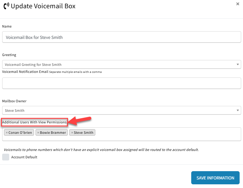 Screenshot showing how to expand voicemail visibility to additional users and ring groups