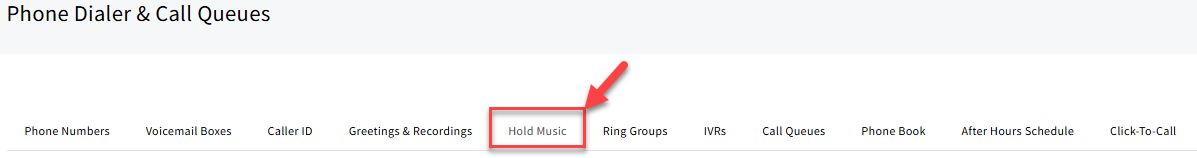 Screenshot showing the Hold Music tab in Phone Dialer & Call Queues settings