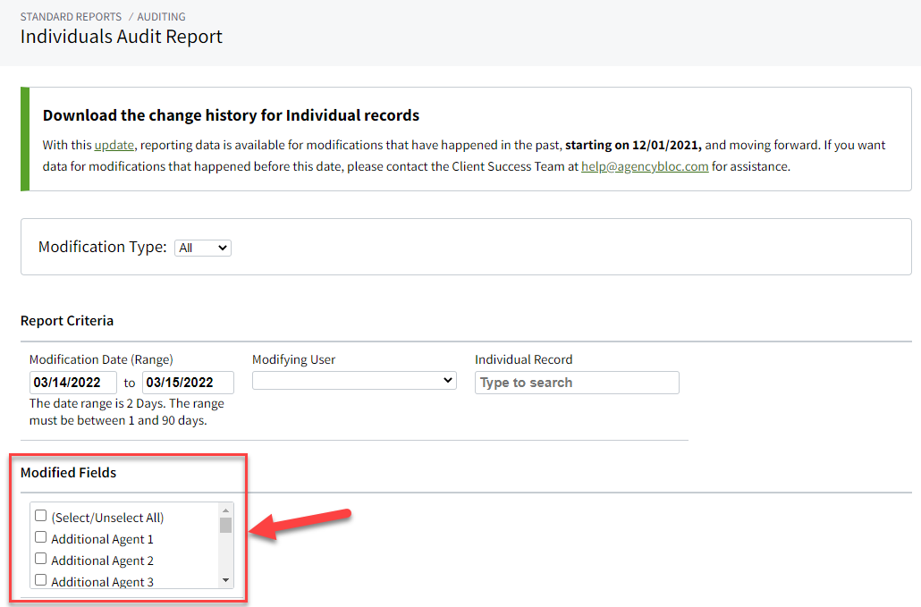 Screenshot showing the standard fields you can filter by