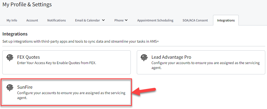 Screenshot showing the SunFire integration in My Account settings